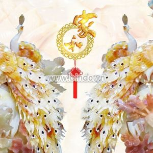 Tranh đôi chim công đối xứng giả ngọc trên nền đá hoa cương hồng Tranh đôi chim công đối xứng giả ngọc trên nền đá hoa cương hồng