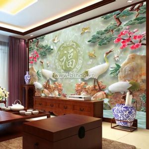 Tranh đàn chim hạc màu trắng trên nền ngọc bích 3D Tranh đàn chim hạc màu trắng trên nền ngọc bích 3D