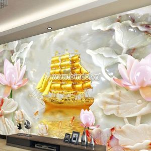 Tranh thuyền buồm vàng bên hoa sen hồng 3D giả đá cẩm thạch trắng Tranh thuyền buồm vàng bên hoa sen hồng 3D giả đá cẩm thạch trắng
