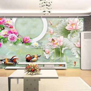Tranh hoa mẫu đơn và hoa sen hồng bên đôi chim giả ngọc 3D Tranh hoa mẫu đơn và hoa sen hồng bên đôi chim giả ngọc 3D