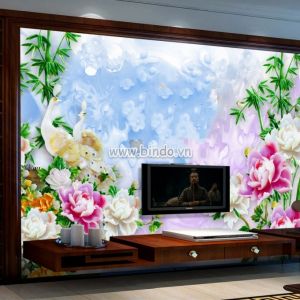Tranh đôi chim công trắng hoa mẫu đơn và tre xanh giả ngọc 3D trên nền đá tím Tranh đôi chim công trắng hoa mẫu đơn và tre xanh giả ngọc 3D trên nền đá tím