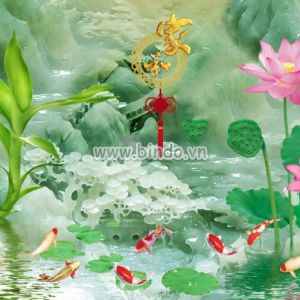 Tranh hoa sen và tre xanh trên nền núi giả ngọc 3D Tranh hoa sen và tre xanh trên nền núi giả ngọc 3D