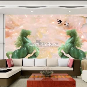 Tranh song mã ngọc bích trên nền đá giả ngọc 3D Tranh song mã ngọc bích trên nền đá giả ngọc 3D