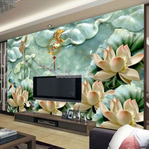 Tranh hoa mẫu đơn nâu vàng trên nền hoa sen 3D xanh ngọc bích 3D Tranh hoa mẫu đơn nâu vàng trên nền hoa sen 3D xanh ngọc bích 3D