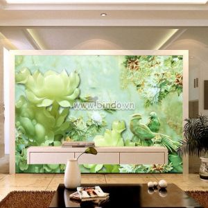Tranh đôi chim trĩ và hoa sen giả ngọc bích 3D Tranh đôi chim trĩ và hoa sen giả ngọc bích 3D