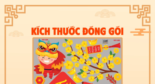 Decal tết pháo nổ cùng bé múa lân đón tết