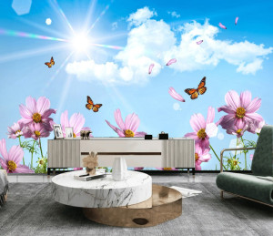Tranh dán tường  phong cảnh hoa và bướm bay