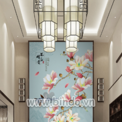 Tranh hoa sứ hồng và đôi chim