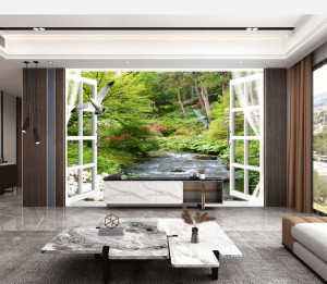 Tranh cửa sổ dòng nước và đôi bồ câu bay lượn Tranh cửa sổ dòng nước và đôi bồ câu bay lượn