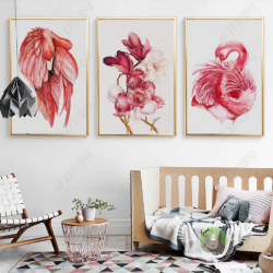 Tranh bộ 3 chim hồng hạc và hoa