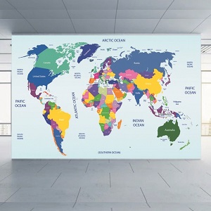 Tranh bản đồ thế giới nhiều màu có tên quốc gia tỉnh thành và đảo