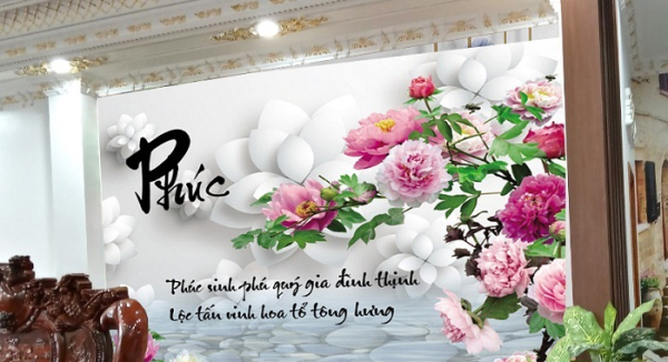 Tranh hoa mẫu đơn thư pháp chữ phúc