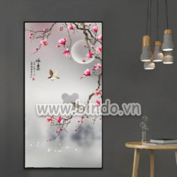 Tranh hoa đào hồng và đôi chim