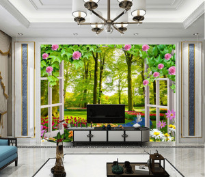 Tranh cửa sổ dây leo hoa hồng ra rừng cây hoa sắc màu Tranh cửa sổ dây leo hoa hồng ra rừng cây hoa sắc màu