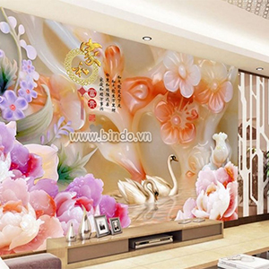 Tranh đôi thiên nga và hoa cúc 3D giả ngọc dán tường phòng khách đẹp