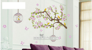 Decal Hoa 5 cánh tím và đôi lồng đèn chim én dán tường đẹp