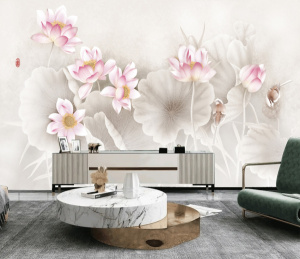 Tranh 6 hoa sen nghệ thuật dán tường quán phong cách mực dầu vẽ tay