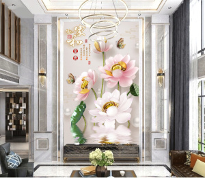 Tranh bộ 3 hoa sen 2 hồng 1 trắng khổ dọc kết hợp dán tường sảnh lễ tân, tiếp khách đẹp