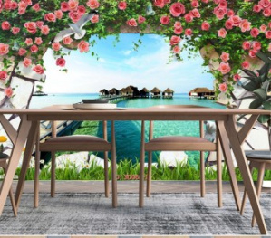 Tranh 3d biển và giàn hoa hồng Tranh 3d biển và giàn hoa hồng