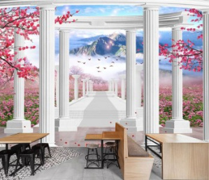 Tranh 3d hoa đào và đàn chim bay Tranh 3d hoa đào và đàn chim bay