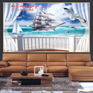 Tranh dán tường 3D thuận buồm xuôi gió bên chim hải âu trắng đẹp dán phòng khách
