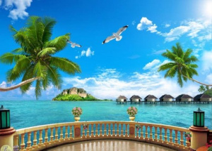 Tranh dán tường cảnh biển đôi dừa nghiêng bóng 