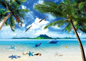 Tranh dán tường cảnh biển dừa xanh và đàn chim bay