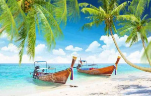 Tranh dán tường cảnh biển dừa xanh và thuyền 