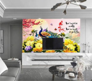 Tranh con công và hoa mẫu đơn vàng tươi xinh Tranh con công và hoa mẫu đơn vàng tươi xinh
