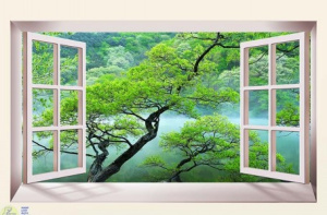 Tranh dán tường cửa sổ cành cây xanh