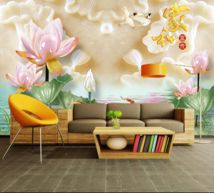 Tranh đầm sen, hoa sen hồng cửu ngư cá chép và đôi chim Tranh đầm sen, hoa sen hồng cửu ngư cá chép và đôi chim