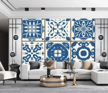 Tranh gạch bông tròn vuông trắng xanh cổ điển Tranh gạch bông tròn vuông trắng xanh cổ điển