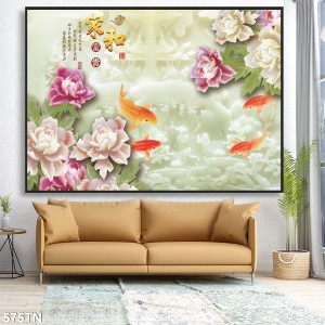 Tranh dán tường giả ngọc hoa mẫu đon trắng và cá chép