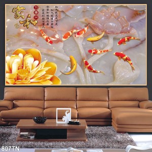 Tranh dán tường giả ngọc hoa sen vàng và cá chép Koi