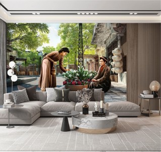 Tranh Hà Nội xưa người đẹp bên hoa Tranh Hà Nội xưa người đẹp bên hoa