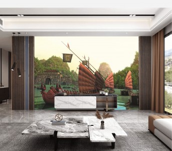 Tranh Hà Nội xưa thuyền và núi Tranh Hà Nội xưa thuyền và núi