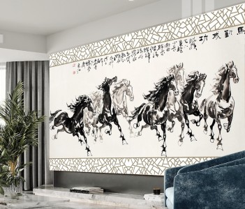 Tranh mã đáo thành công 8 chú ngựa trắng đen Tranh mã đáo thành công 8 chú ngựa trắng đen