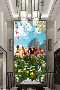 Tranh dán tường mã đáo thành công đàn ngựa và hoa sắc màu