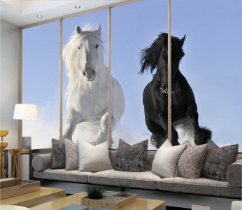 Tranh mã đáo thành công đôi ngựa trắng đen Tranh mã đáo thành công đôi ngựa trắng đen
