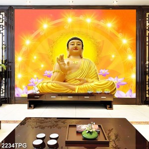 Tranh dán tường phật giáo Phật A Di Đà tỏa anh hào quang vàng