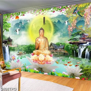 Tranh dán tường phật giáo Phật A Di Đà và hoa sen trắng