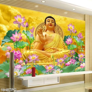 Tranh dán tường phật giáo Phật A Di Đà và sen hồng thơm ngát