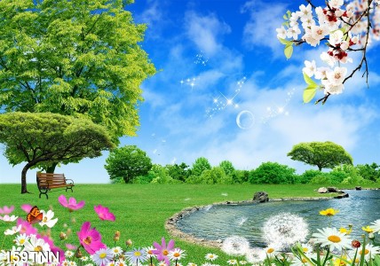 Tranh dán tường  phong cảnh hoa bồ công anh và cây xanh