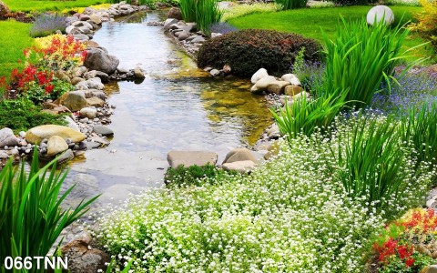 Tranh dán tường  phong cảnh hoa và dòng suối nhỏ 