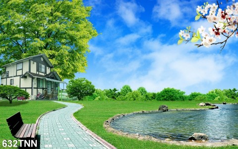 Tranh dán tường  phong cảnh ngôi nhà bên hồ nước 