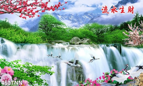 Tranh dán tường  phong cảnh thác nước mây núi 