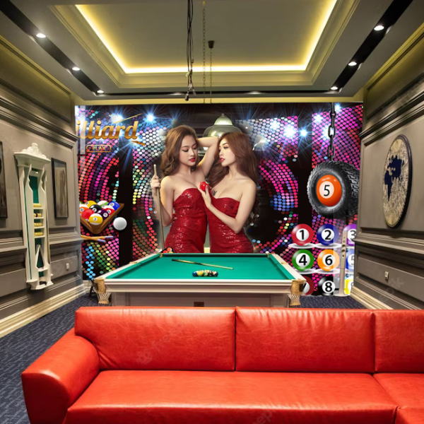 Tranh quán bida đôi bạn nữ áo đỏ cầm bi Tranh quán bida đôi bạn nữ áo đỏ cầm bi