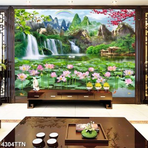 Tranh thác nước và đầm sen hồng nở  Tranh thác nước và đầm sen hồng nở