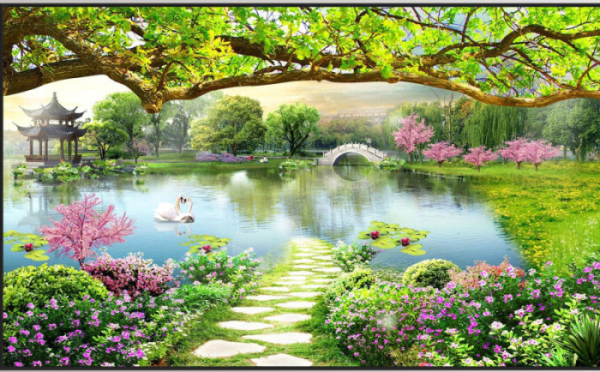 Tranh thủy mặc ,sơn thủy đôi thiên nga dưới hồ trong xanh Tranh thủy mặc ,sơn thủy đôi thiên nga dưới hồ trong xanh