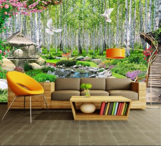 Tranh thủy mặc ,sơn thủy rừng cây xanh và đôi nai Tranh thủy mặc ,sơn thủy rừng cây xanh và đôi nai